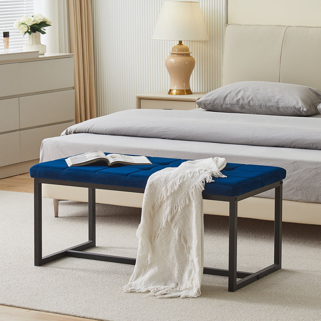 17 Stories Marigolde Velvet Upholstered Bench Blue 100cm W X 49.5cm D