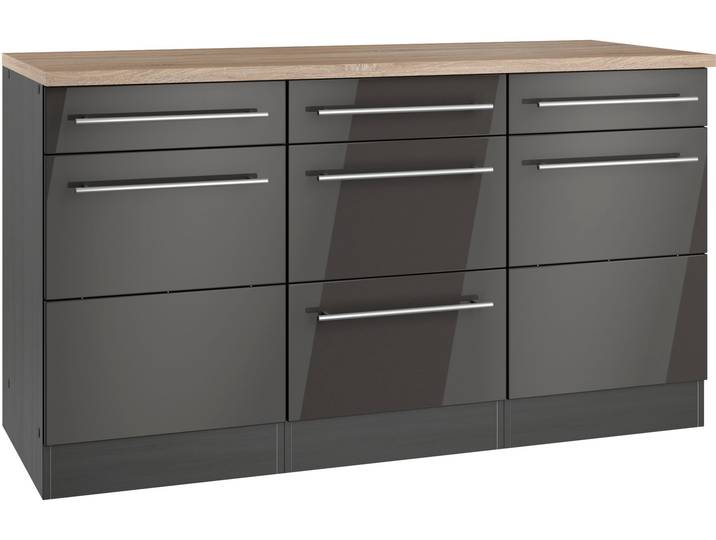 Unterschrank KOCHSTATION KS-Wien , grau (hochglanz grau, grafit), B:150cm H:85cm T:60cm, Schränke, Unterschrank, edel aussehende gestiftete Fronten