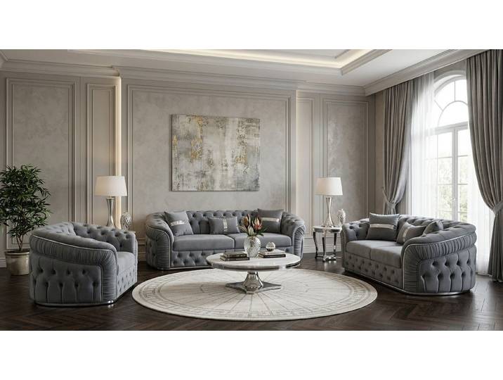 Xlmoebel Chesterfield-Sofa Elegante graue Chesterfield Polstergarnitur für das Wohnzimmer, 3 Teile, Made in Europa
