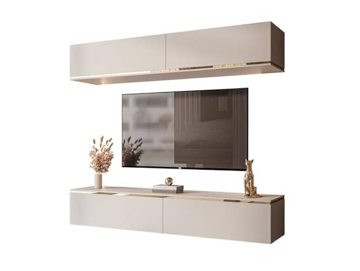 Lookway Hängende Wohnwand Aurora Kaschmir mit Goldener Dekorativer Leiste, LED-Option zur Wahl Modernes Wohnzimmermöbel (mit LED Beleuchtung)