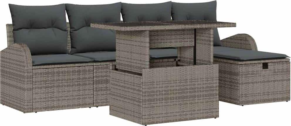 Modulares Garten-Sofa-Set, 6-teilig, mit Stauraum und verstellbarem Tisch, Poly-Rattan & Akazienholz, wetterbeständig, 5 Sitzplätze, Grau