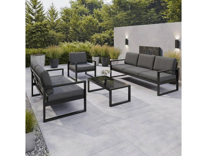 BEAUTYSOFA Gartenmöbel-Set STELLA, Gartenmöbel Set Balkon Terrasse Gartenlounge-Set für 6 Personen, Sofas, Sessel & Tisch Wasserabweisend Stoff Dunkelgrau