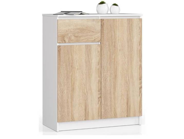 Commode AKORD K80 Blanche 80 cm 2 portes 1 tiroir façade Chêne Sonoma 4 étagères 80x40x99 cm