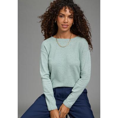 Strickpullover LAURA SCOTT "mit U-Boot-Ausschnitt, figurumspielende Passform", Damen, Gr. 40/42, grün (salbei), Strick, Obermaterial: 50% Baumwolle, 50% Polyacryl, meliert, figurumspielend hüftlang, U-Boot-Ausschnitt, Pullover Strickpullover, aus...