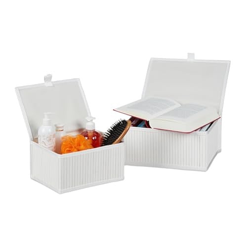 Relaxdays Opbergmanden bamboe set van 2 met deksel, wit