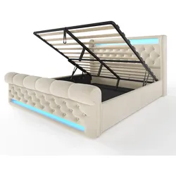 OKWISH Polsterbett Samt Beige 140x190 cm, hydraulisches Stauraumbett mit LED, USB- und Typ-C-Ladestationen, ohne Matratze