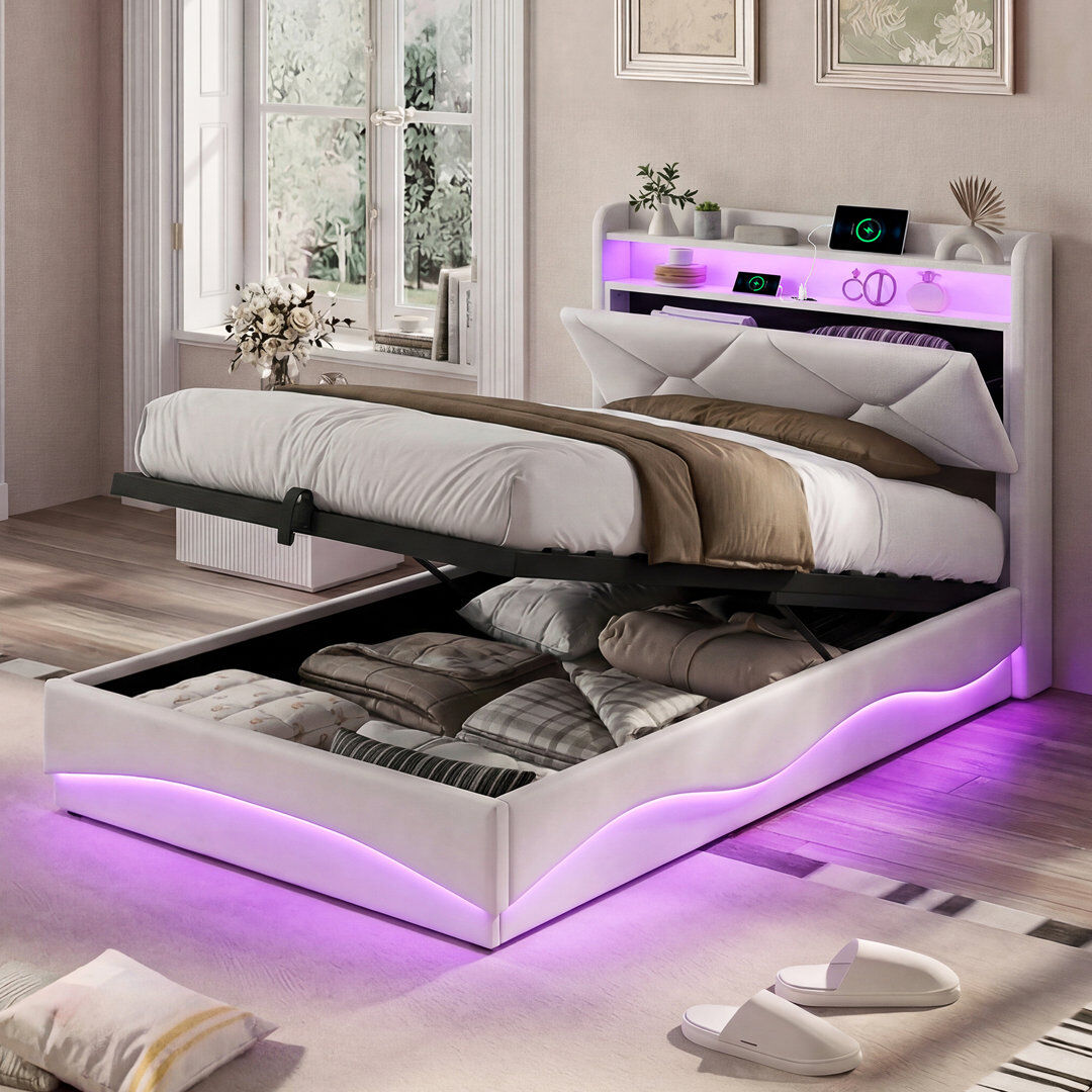 Ivy Bronx Upholstered Velvet Lift Up Storage Bed Beige European Single (90 x 200 cm)