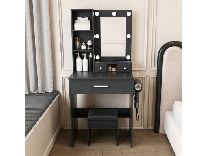Coiffeuse Noire avec Miroir LED Prise Intégrée Tiroirs de Rangement et Tabouret Rembourré - Design Compact 60cm Moderne