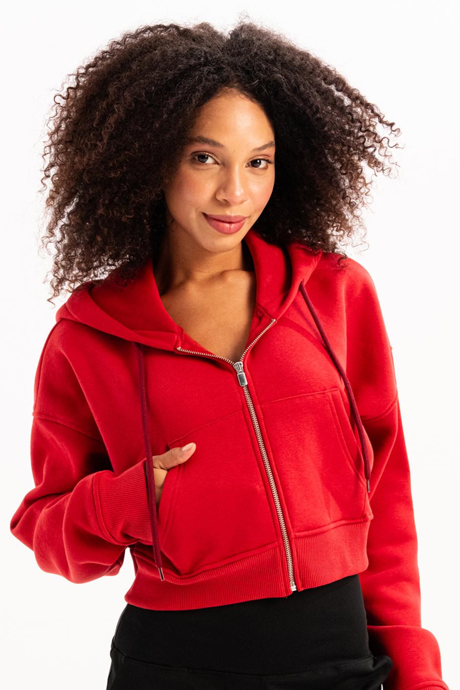 JUSTEVER Crop Hooded Hooded Zippered Kangaroo Pocket Raised Hoodie Red Women's Sweatshirt - Lumen