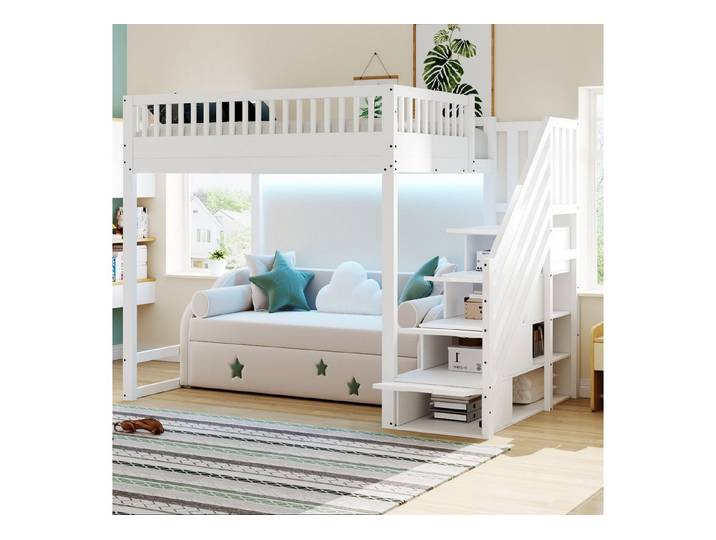 STILVORA Hochbett 140x200 Kinderbett mit Matratze Jugendbett mit LED-Licht Weiß