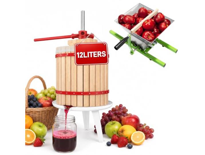 TATIVALO Obstpresse Manuell Saftpresse Manuell 12L + 7L Edelstahl Obstmühle Manuelle Fruchtpresse mit Presstuch, Saftpresse & Maischepresse, Traubenmühle, Obstzerkleinerer für Äpfel, Trauben & Beeren