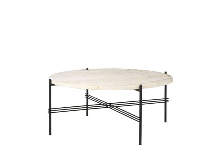 GUBI TS Round Couchtisch Natural white travertine, ø80, schwarzes Gestell