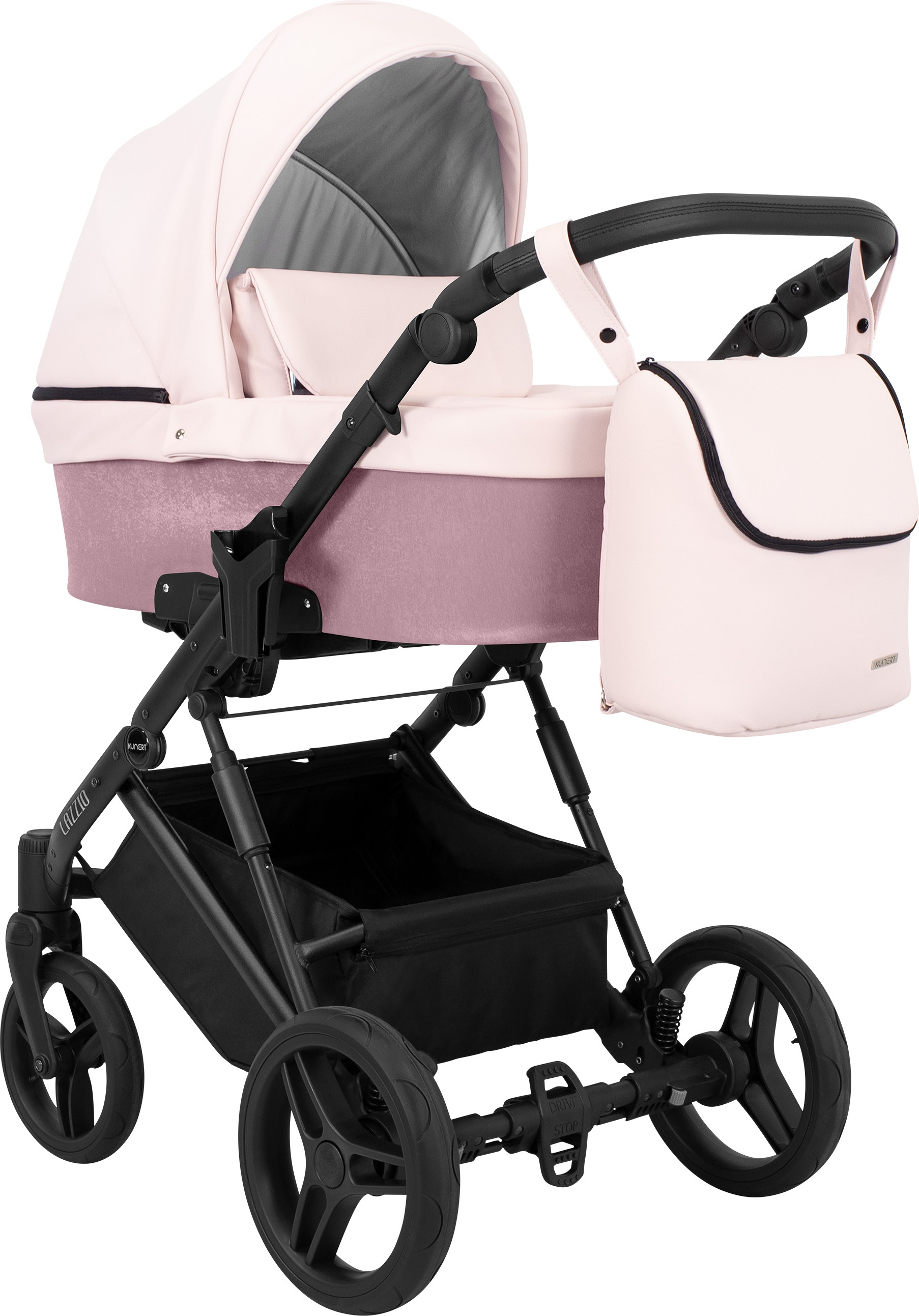 Kinderwagen LAZZIO Babywagen Babyschale Kinder Wagen Set 1 in 1 ( rosa eco, Rahmenfarbe: Schwarz)
