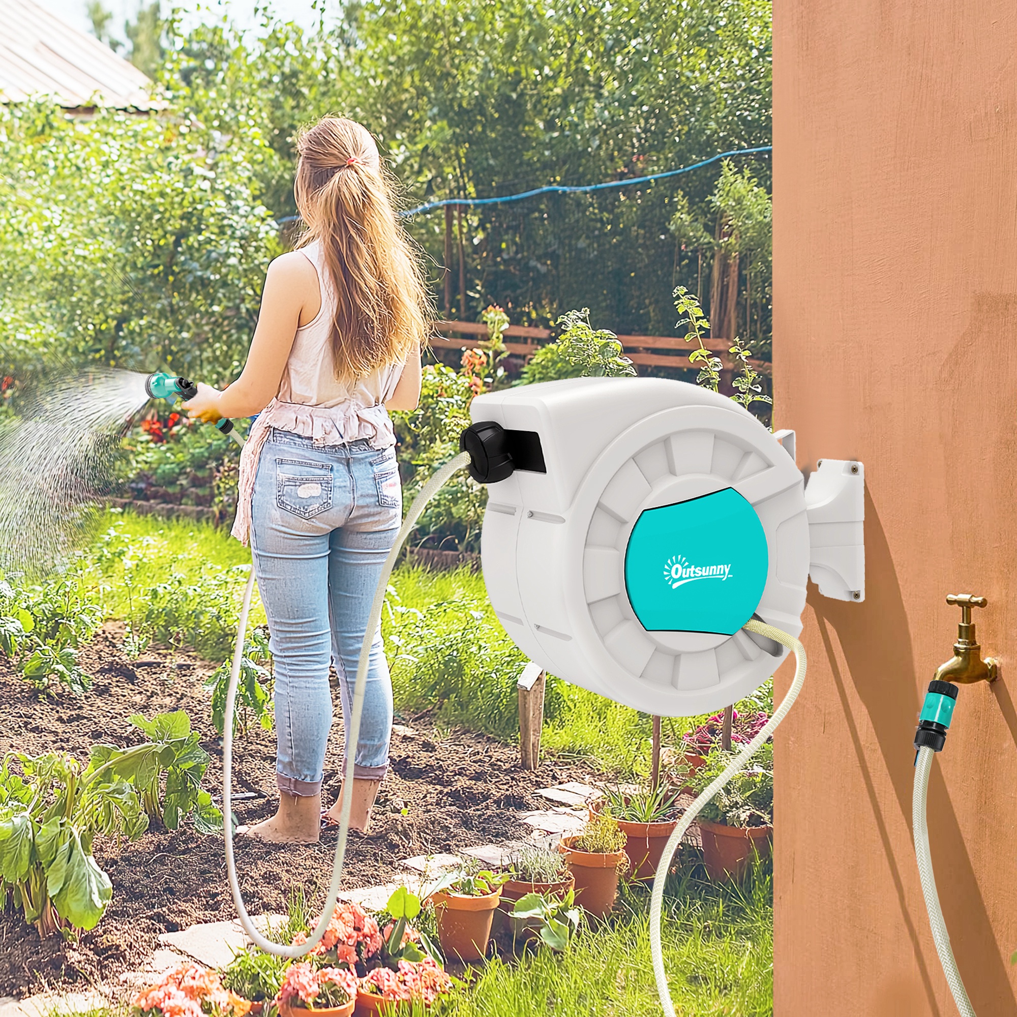 Outsunny Avvolgitubo da Giardino Retrattile con Tubo dell'Acqua 25+2 m e 7 Getti per Irrigazione, Verde e Grigio Chiaro   Aosom Italy