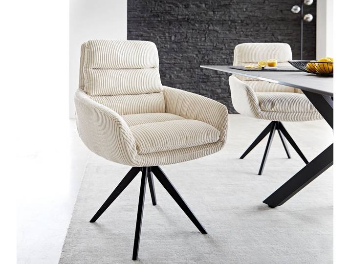 Esszimmerstuhl Abelia-Flex mit Armlehnen Cord Beige Kreuzgestell kantig Schwarz, Esszimmerstühle
