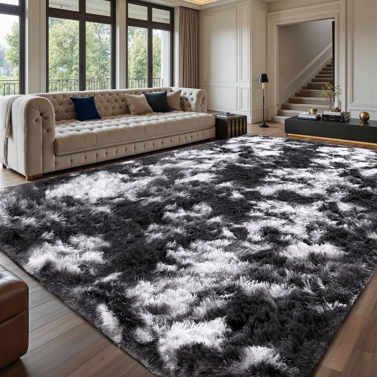Lemon Hoogpolig tapijt zwart wit grijs 200 x 300 cm