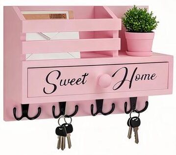 Perfect Picks Market Rustic Key Holder Wall Mount With 8 Hooks, Storage Drawer & Mail Organizer For Entryway pink