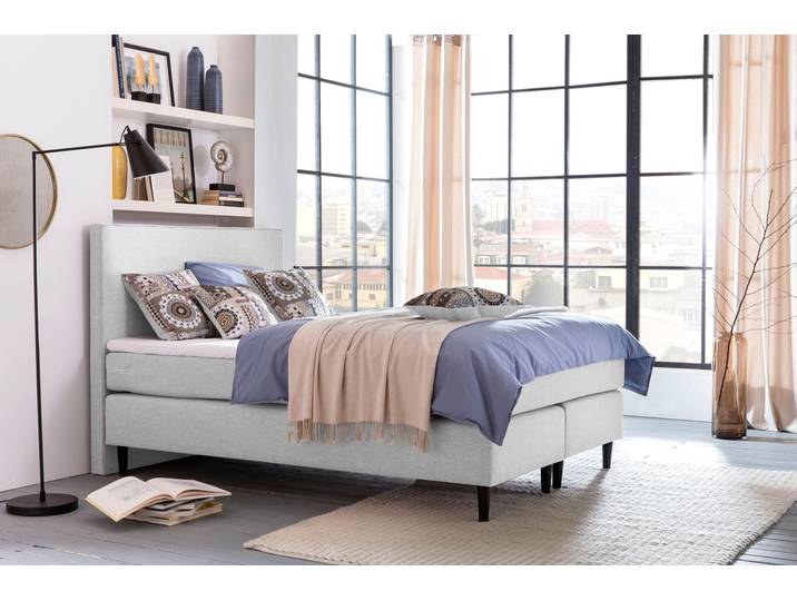 Boxspringbett, Strukturstoff Hellgrau, 140×200 cm, Tonnentaschenfederkern, Vegan, GRÜNE BETTEN