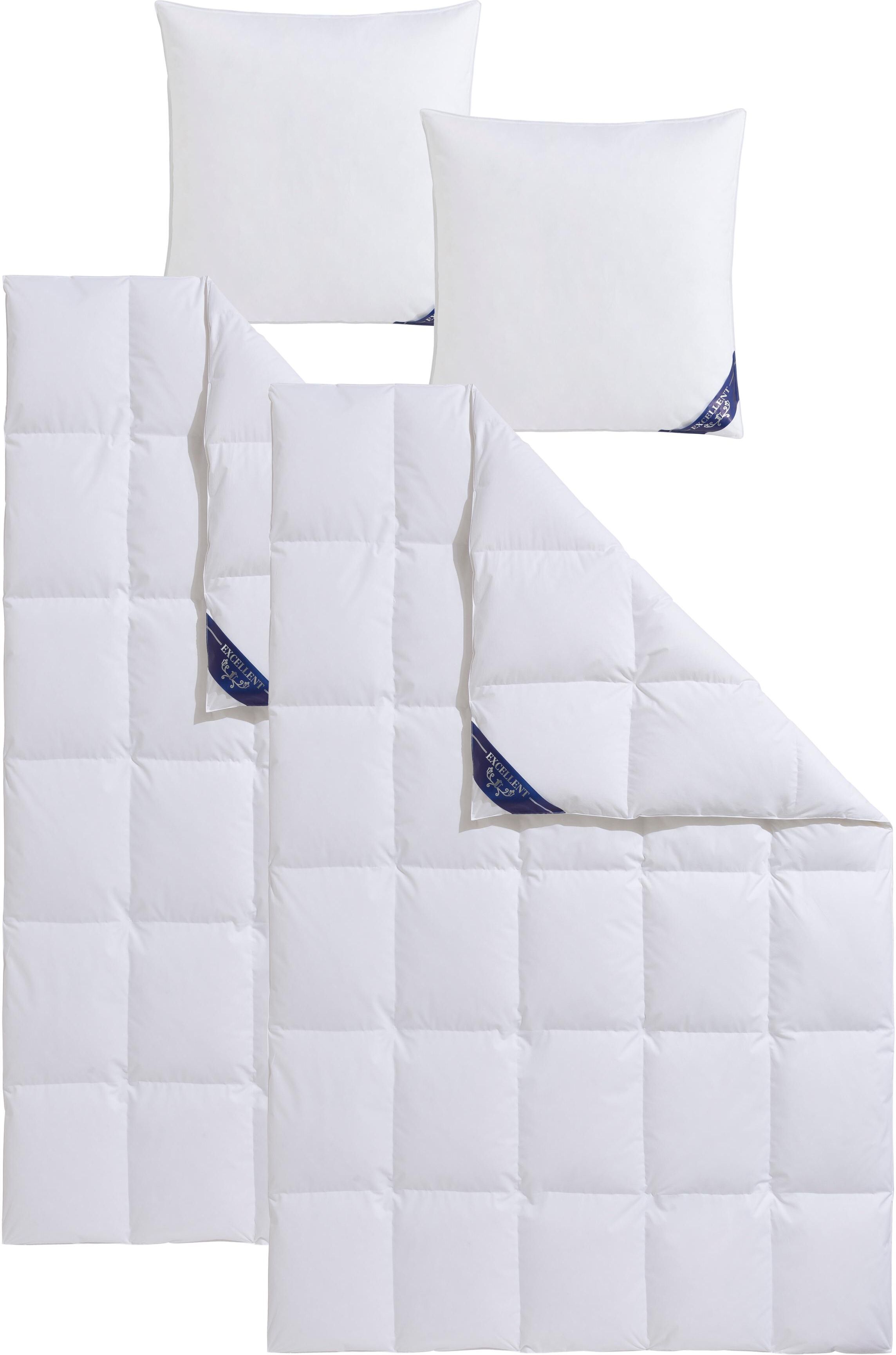 Daunenbettdecke + Federkissen EXCELLENT "Zürich, Bettdecke normal mit Bestnote "Hoher Schlafkomfort" bewertet.", weiss (weiß), B/L: 155cm x 220cm Anzahl Teile 2, B/L: 80cm x 80cm Anzahl Teile 2, Bezug: Baumwolle Füllung: Entendaune/-feder, normal, Bettdec