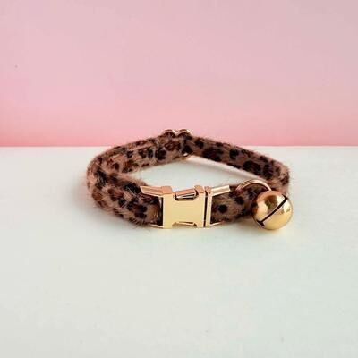 Inspired Finds Personalized Leopard Print Cat Collar With Name Tag & Bell Adjustable Plush Kitten Collar dark Brown l
