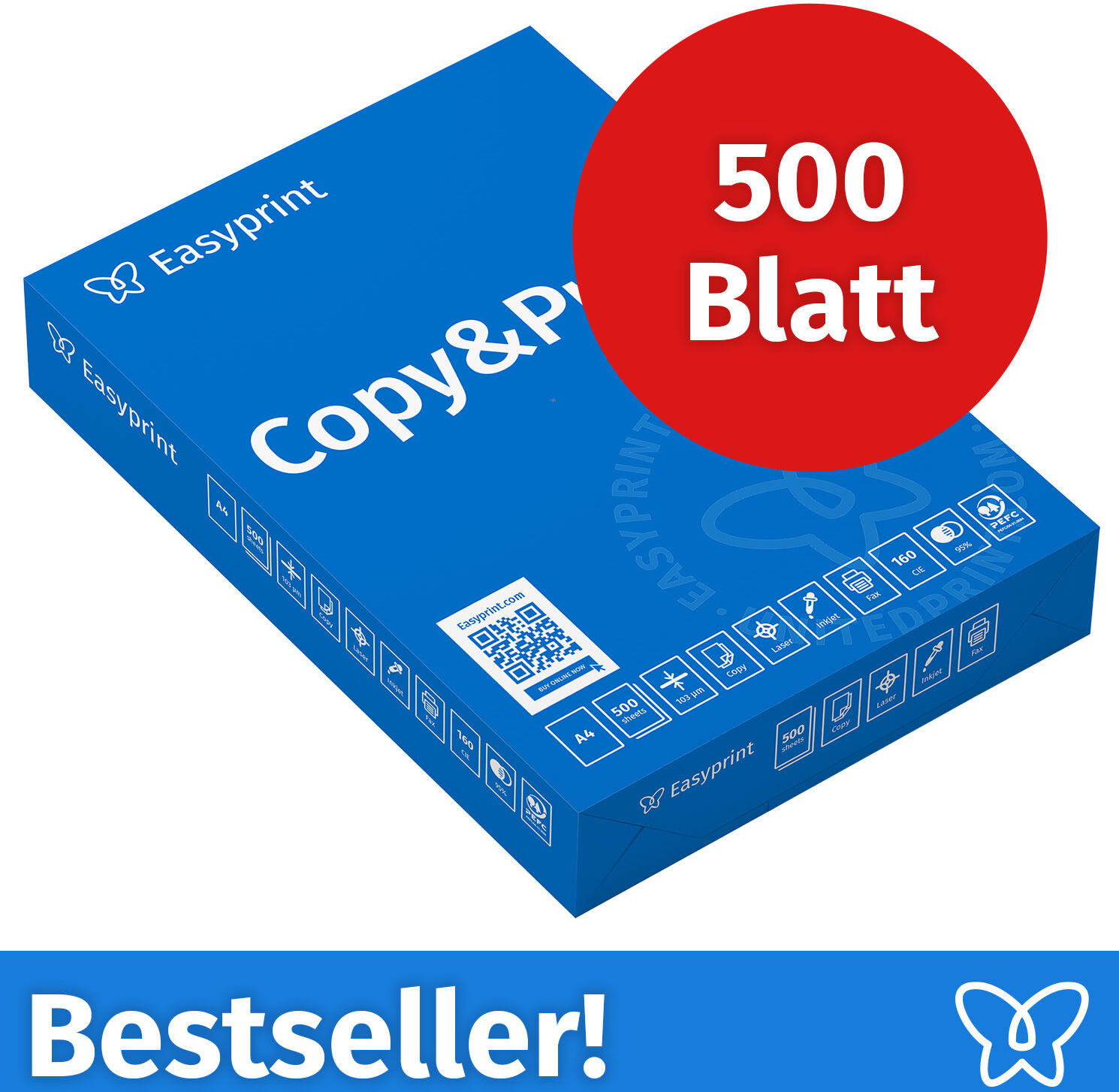 Easyprint Druckerpapier Kopierpapier 500 Blatt 1 x 500 A4 Premium Hochweiß CIE 160 Testsieger PEFC zertifiziert