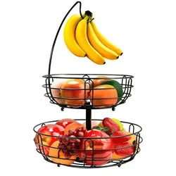Dayshake Obstschale mit Bananenaufhänger - Runder Obstkorb Schwarz - 2-stöckige Etagere