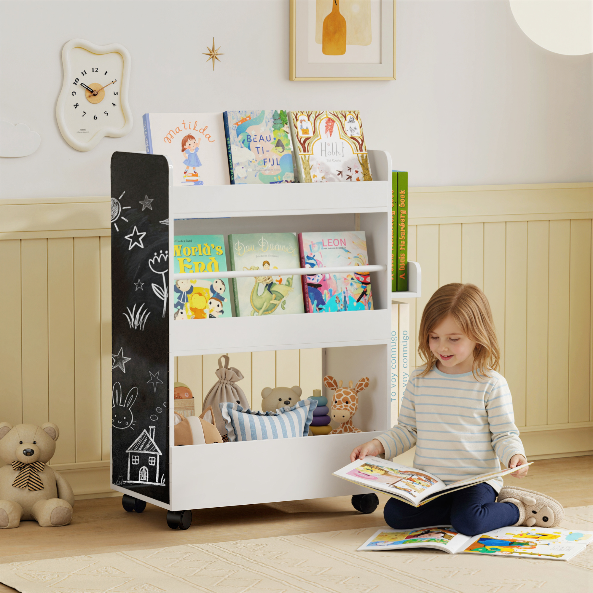 Aiyaplay Libreria per Bambini 3-8 Anni a Due Lati, Scaffale Portagiochi con Ruote e Lavagna Nera, Bianco   Aosom Italy