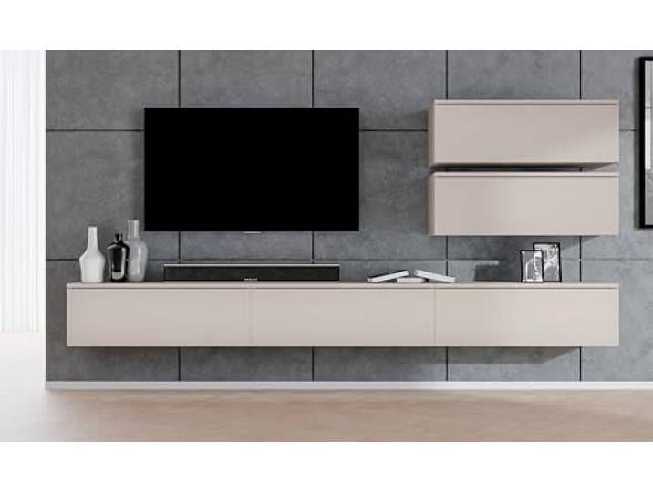 AXLIVING Anbauwand Loriano V Wohnwand beige Kaschmir 300 cm breit Push-to-Click-System. Breite: 300 cm. Grifflose Fronten. Staubgeschützt und sicher: alles ordentlich verstaut.