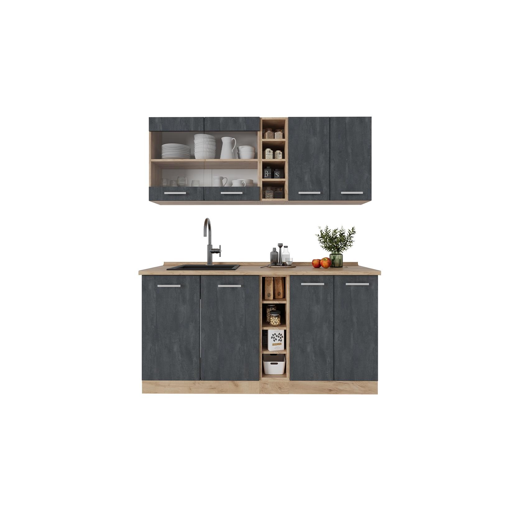 Vicco Singleküche R-Line 160 cm Schwarz Beton Eiche mit Arbeitsplatte Weiß-Marmor