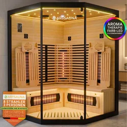 ARTSAUNA® Infrarotkabine Malmö140 Schwarz - Hemlock Holz, Vollspektrumstrahler mit Dimmer, LED-Farblichttherapie, 3 Personen, 140x140x190 cm, 2530 W