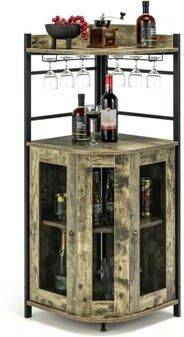 Costway Industrial Corner Bar Cabinet with Glass Holder and Adjustable Shelf-Taupe