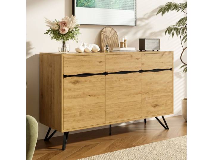 Buffet 3 portes noir et bois 140 x 40 x 75 5 cm grand rangement pieds en métal montage nécessaire