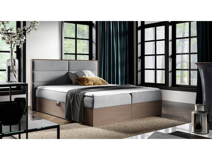 Fun Möbel Boxbett Schlafzimmerbett LAMBROS in Stoff u. Dunkle-Eiche-Optik (Gepolstertes Kopfteil, inkl. Kaltschaumtopper), Dunkle-Eiche-Optik