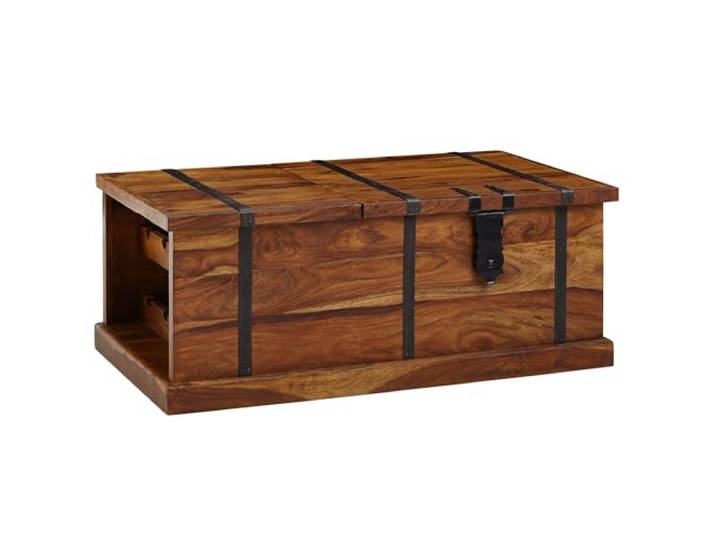 Wohnling Couchtisch 100x60x40 cm Sheesham Massivholz mit Weinregal Truhentisch mit integriertem Stauraum, Wohnzimmertisch massiv, handgefertigtes Unikat, Sofatisch mit Flaschenablage