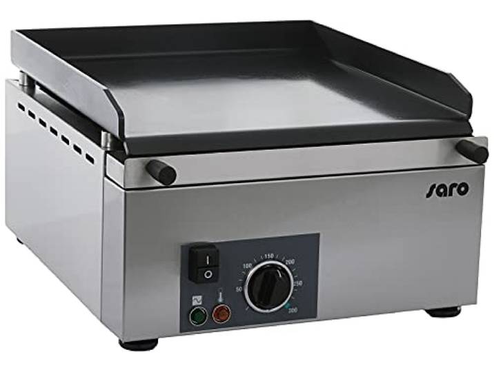 SARO Griddleplatte für Gastronomie – 1 Heizzone – Glatte Bratfläche – Keramikbeschichtung – Edelstahl – 300 °C – Mit Fettauffangbehälter & Spritzschutz – 3 kW – Modell GPK 400