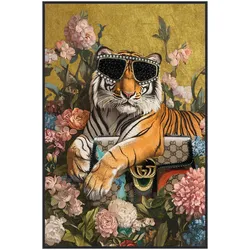 La Casa »Tiger with flowers and sunglasses« Glasbild mit Strassapplikationen 80x120 cm Rahmen schwarz