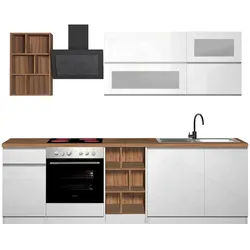 Dmora Vollständige Küche Dcastill, Set mit Speisekammer, Küchenzeile Schrank, Linearer Blocksatz, 255 x 60 x 85 cm, glänzendes Weiß und Eiche