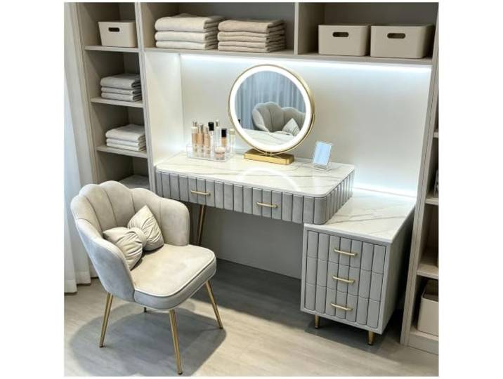 Preferspace Schminktisch mit Aufbewahrungsschrank und Lichtern 3-Farben-LED-Spiegel, Touch-Steuerung, 5 Holzschubladen, Seitenschrank links/rechts, Marmorplatte(Gray,80cm/31.5in)