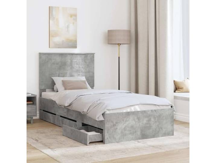 SKTQYQO Bettgestell mit Schublade, Zementgrau, 90 x 200 cm Robustes Holz, modernes Design, integrierter Behälter, einfache Montage