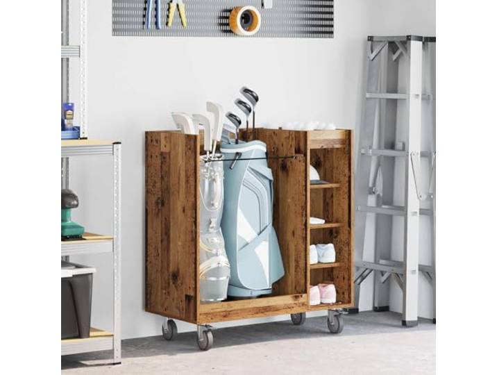 LPERTGFHU Golf Schrank, Rollwagen mit Metallrahmen, 90 x 45 x 98 cm Robustes Altholz-Design, Mobile Aufbewahrung, Inklusive 4 Rollen