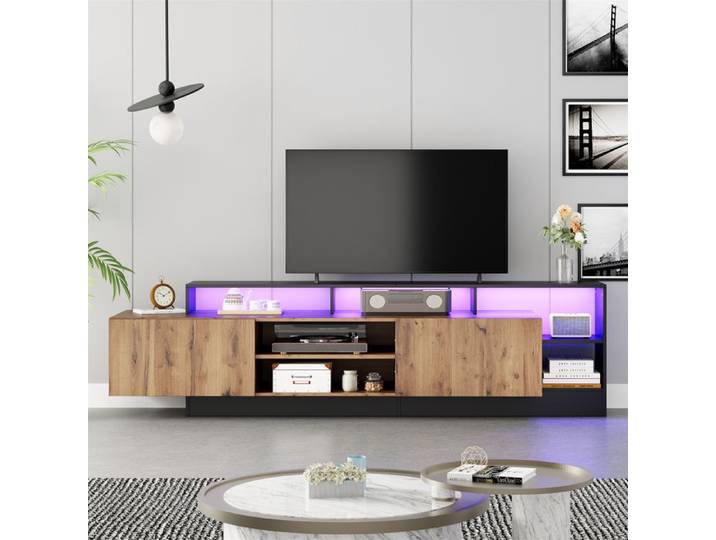 Meuble TV - KOMHTOM - 190 x 40 x 48 5 cm - Pour TV jusqu'à 70  - Rangements ouverts avec LED - Finition brillante