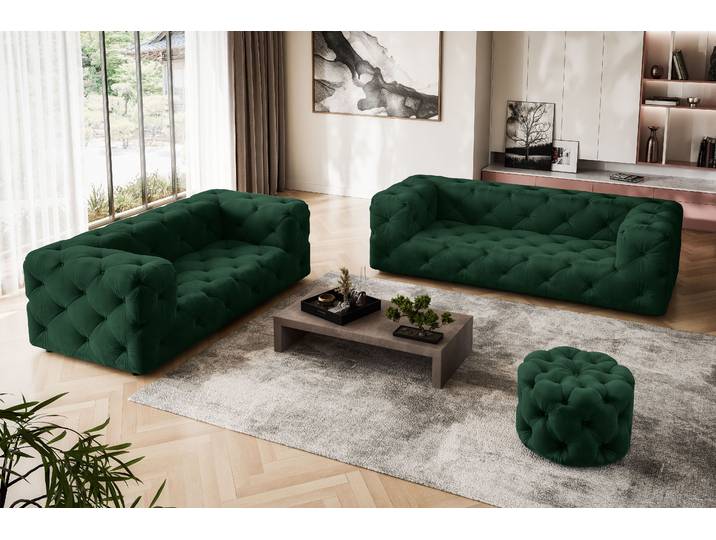 2-Sitzer HOME AFFAIRE FOLLINA , grün (dunkelgrün), B:193cm H:71cm T:100cm, 100% Polyester, Sofas, 2-Sitzer, 2-Sitzer Sofa mit klassischer Chesterfield-Knopfheftung
