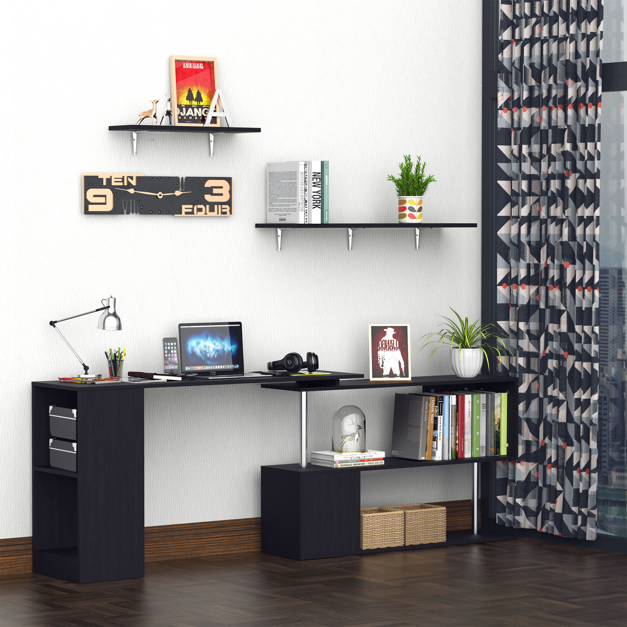 Altro Scrivania Angolare Salvaspazio Con Ripiano A S, Scrivania Moderna In Legno, 140x120x78 Cm, Nero