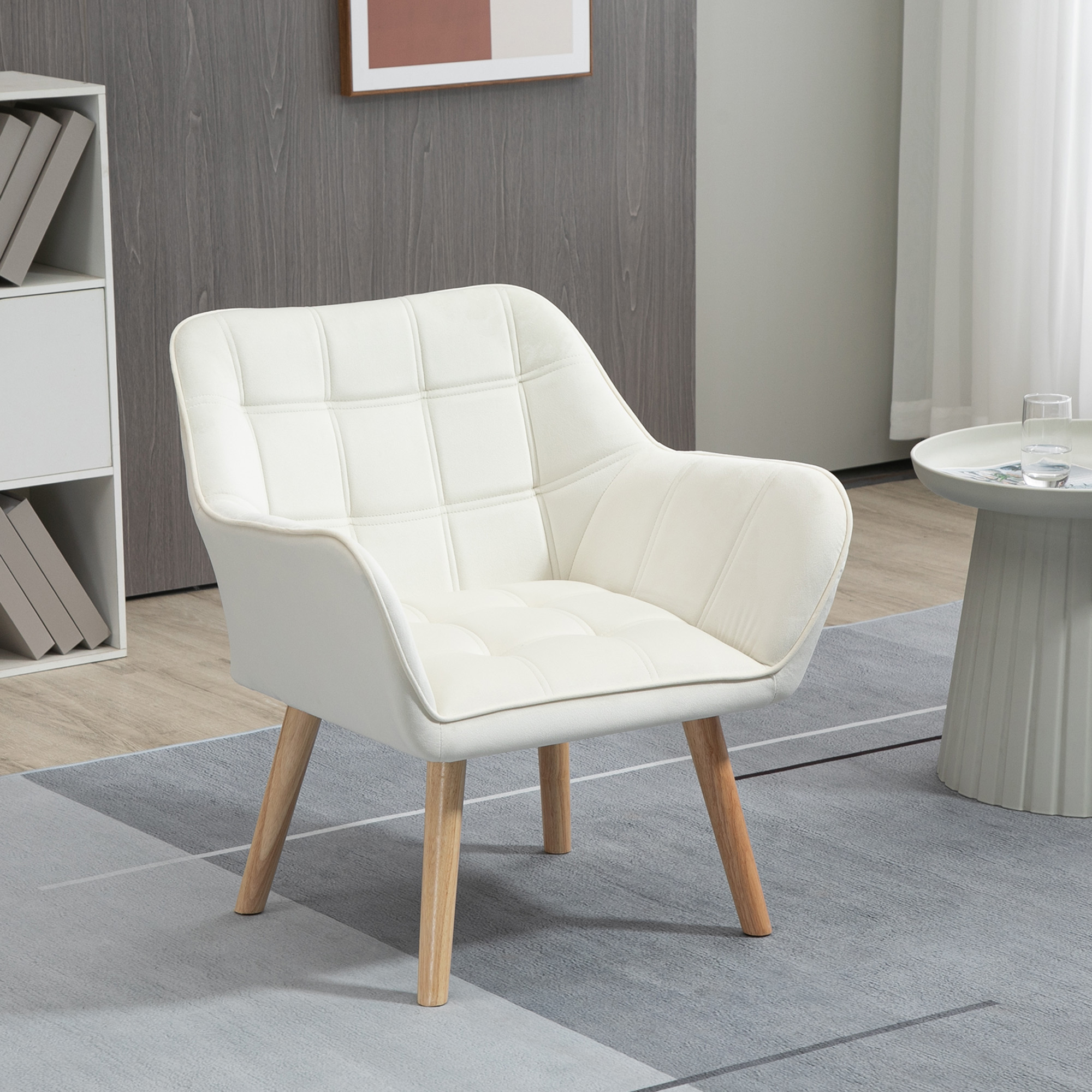 Homcom Poltrona Design Scandinava in Legno ed Effetto Velluto Crema, per Soggiorno o Ufficio, 68.5x61x72.5 cm Aosom