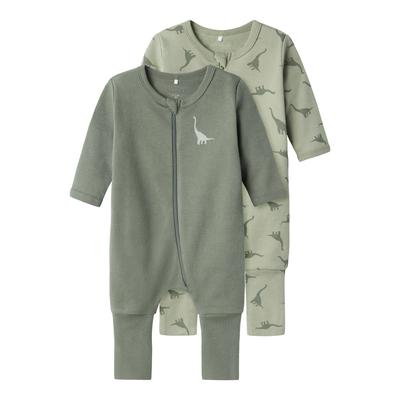 Schlafanzug NAME IT "NBMNIGHTSUIT 2P ZIP FF GREEN DINO", Jungen, Gr. 92, grün (agave grün pack:with seagrass dino aop), Jersey, Obermaterial: 100% Baumwolle, bedruckt, normal, Rundhals, Homewear-Sets Schlafanzug, aus Baumwolle, normale Passform, mit...