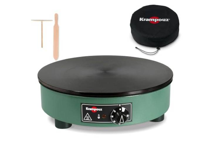KRAMPOUZ BILLIG Elektrisches Crêpes-Pfannen-Set und Hülle – Platte aus bearbeitetem Gusseisen, Durchmesser 40 cm, 220 – 240 V und 3000 W – echte traditionelle Britonische Crêpes-Pfanne für die Familie