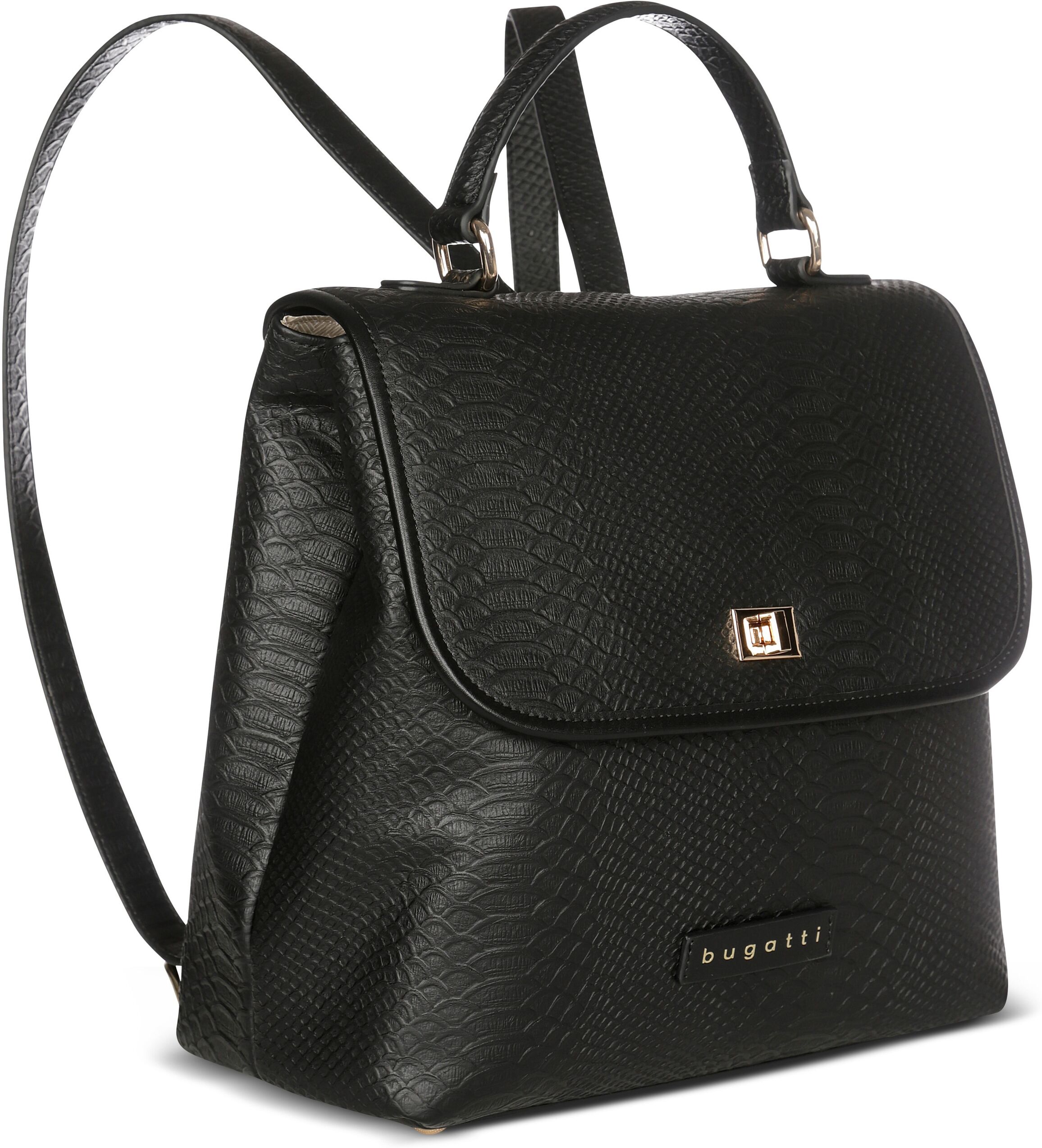 Cityrucksack BUGATTI "BUGATTI Damen IVY", Damen, Gr. B/H/T: 29cm x 12cm, onesize, schwarz, Polyurethane, Rucksäcke Cityrucksack