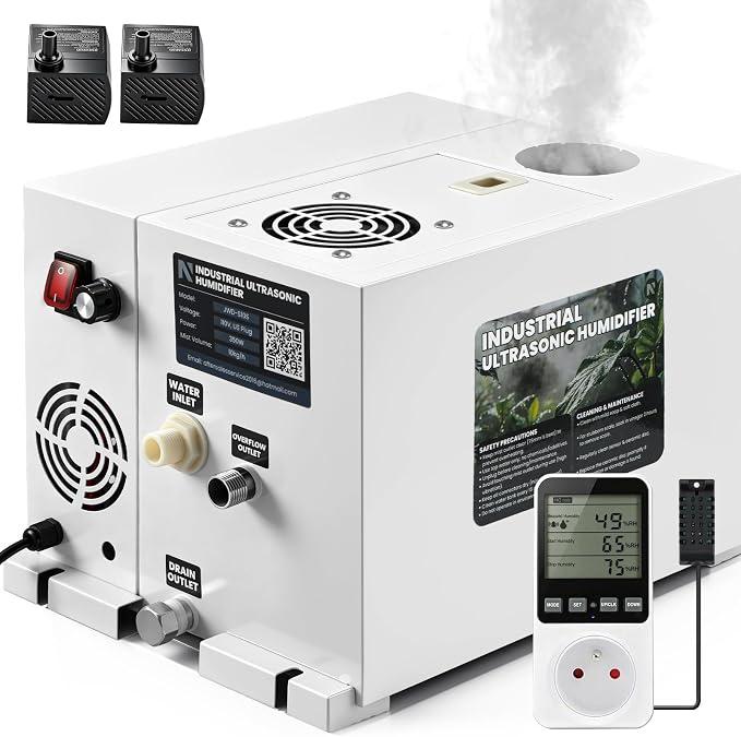 Industrie-Luftbefeuchter, 10 kg/h, automatische Befüllung | Ultraschall-Vernebler, einstellbare Nebelleistung, hochkonzentrierter Luftstrom, kompatibel mit 75 mm PVC-Rohren