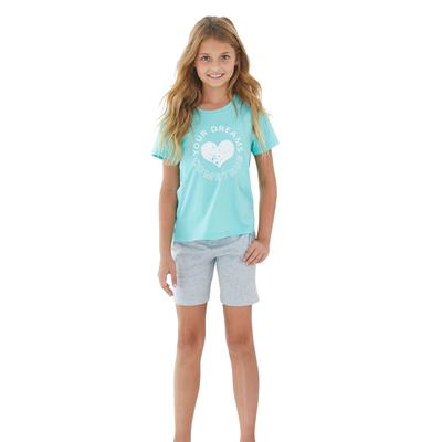 Pyjama BUFFALO, Mädchen, Gr. 134/140, grau (mint, grau, meliert), Jersey, Obermaterial: 100% Baumwolle, bedruckt, Basic, bequem kurz, Rundhals, abgesteppte Kante, Homewear-Sets Pyjama, kurzer Schlafanzug mit Herzdruck, aus Baumwolle