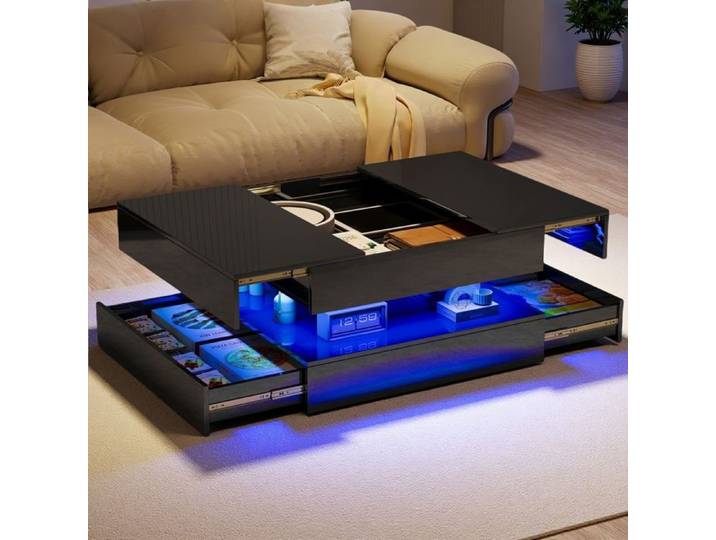 Table Basse - Moderne - Plateau Extensible - 2 Tiroirs - Éclairage LED - Noir